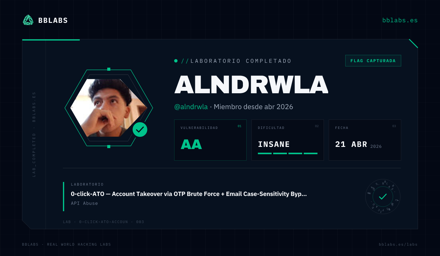 alndrwla resolvió el laboratorio 0-click-ATO — Account Takeover via OTP Brute Force + Email Case-Sensitivity Bypass en BBLABS