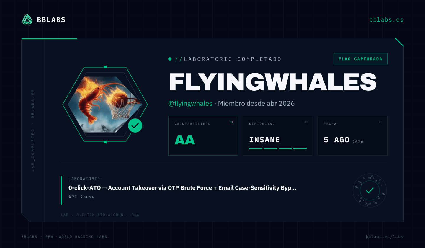 flyingwhales resolvió el laboratorio 0-click-ATO — Account Takeover via OTP Brute Force + Email Case-Sensitivity Bypass en BBLABS