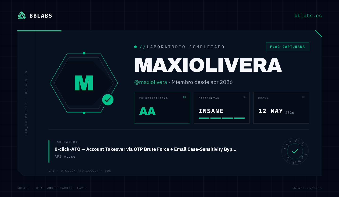 maxiolivera resolvió el laboratorio 0-click-ATO — Account Takeover via OTP Brute Force + Email Case-Sensitivity Bypass en BBLABS