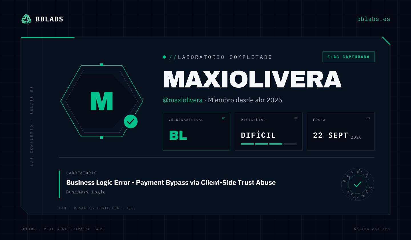 maxiolivera resolvió el laboratorio Business Logic Error - Payment Bypass via Client-Side Trust Abuse en BBLABS