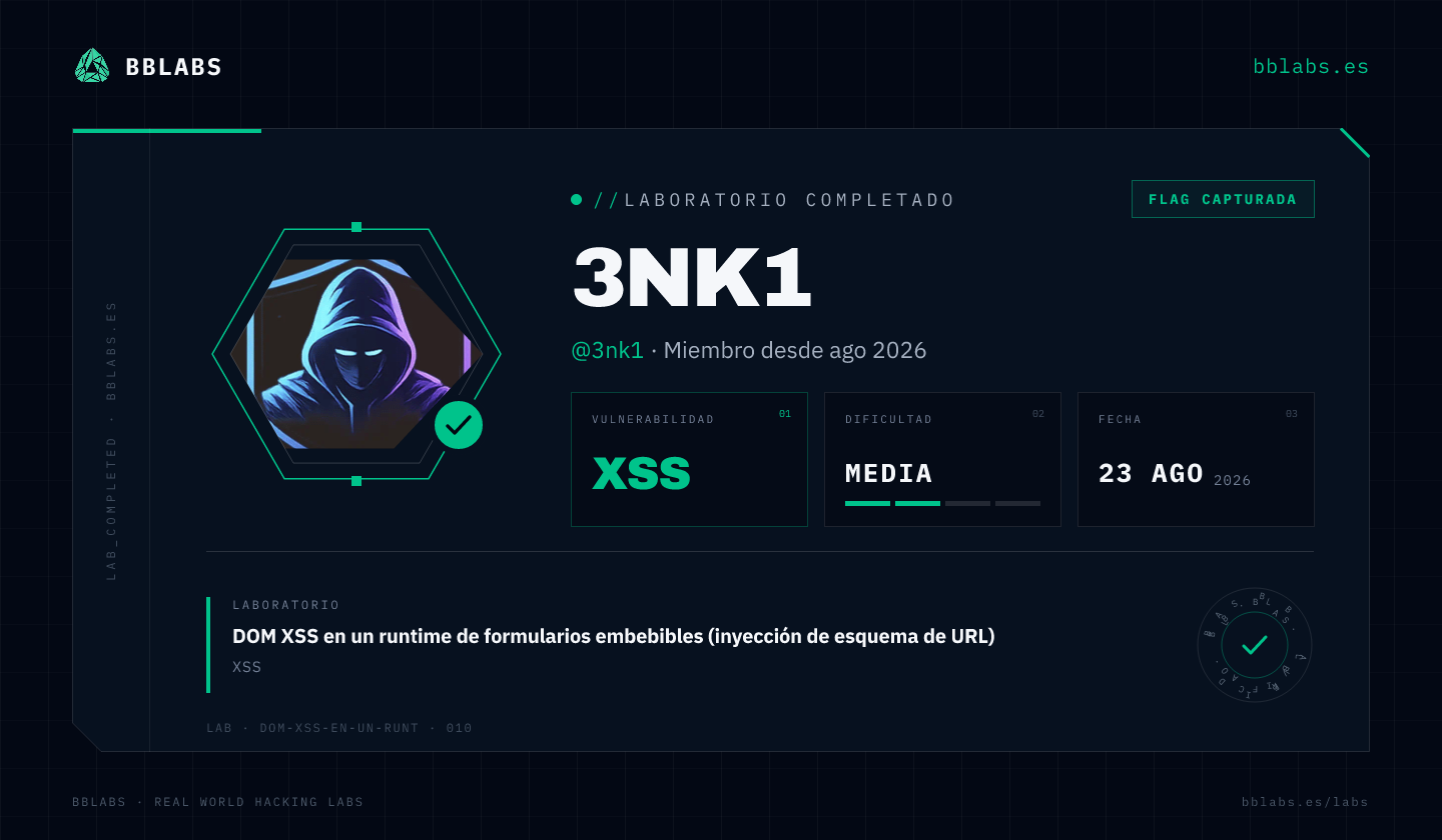 3nk1 resolvió el laboratorio DOM XSS en un runtime de formularios embebibles (inyección de esquema de URL) en BBLABS
