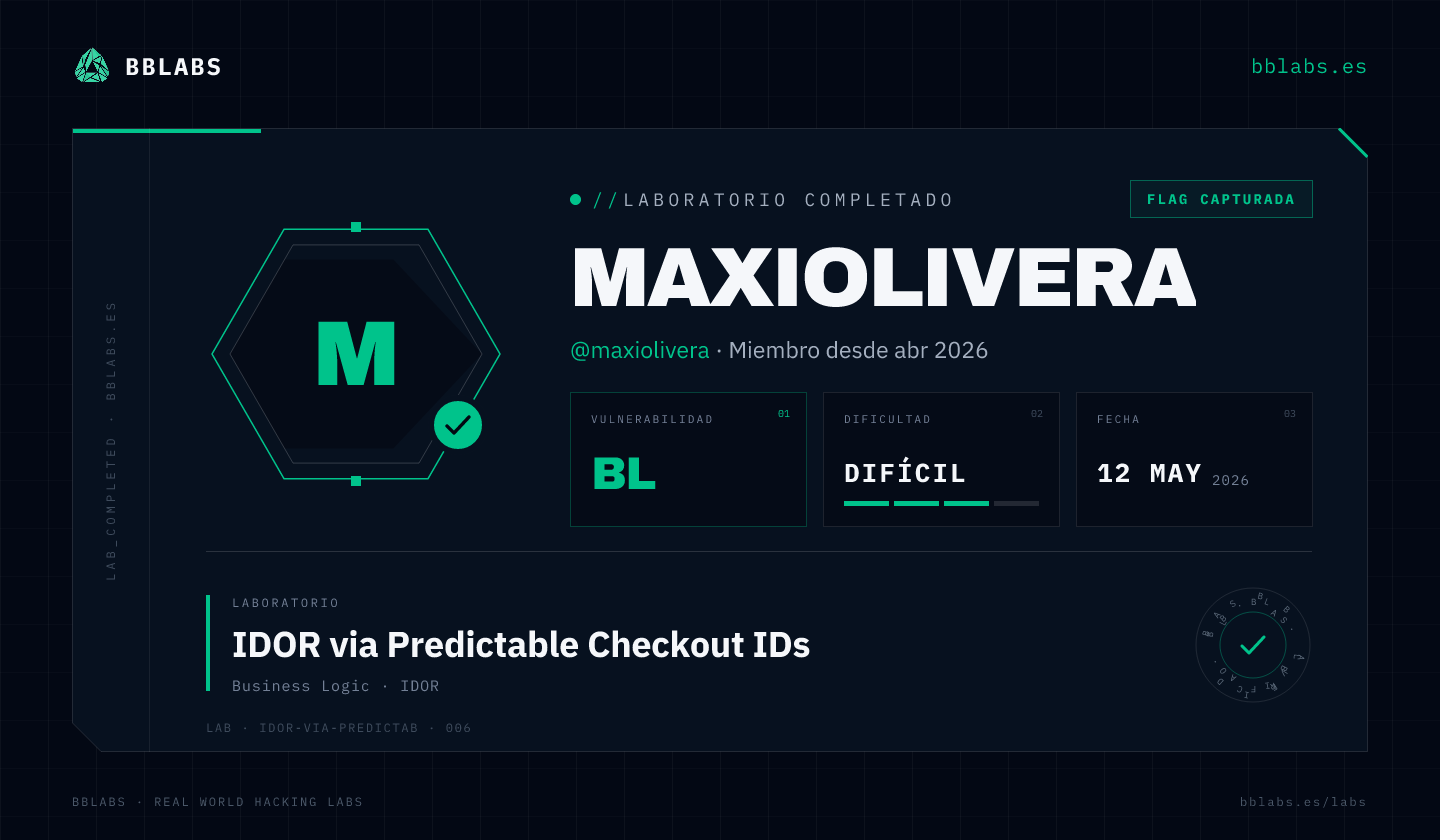 maxiolivera resolvió el laboratorio IDOR via Predictable Checkout IDs en BBLABS