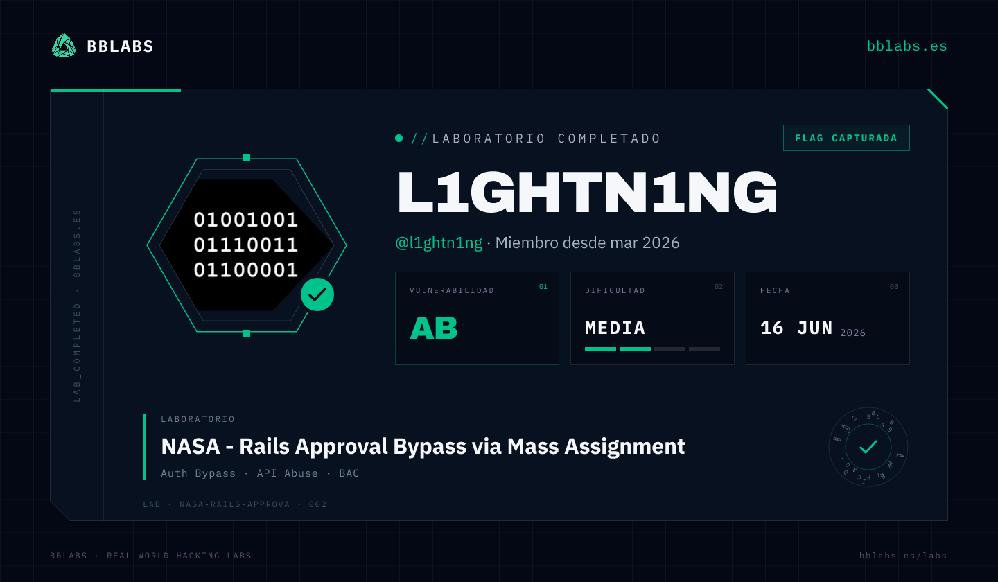 l1ghtn1ng resolvió el laboratorio NASA - Rails Approval Bypass via Mass Assignment en BBLABS