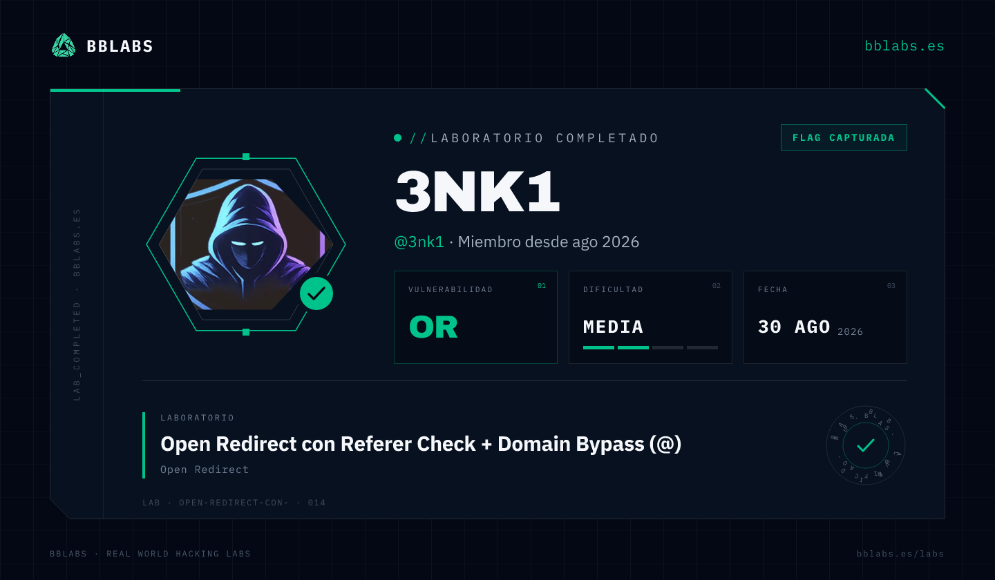 3nk1 resolvió el laboratorio Open Redirect con Referer Check + Domain Bypass (@) en BBLABS