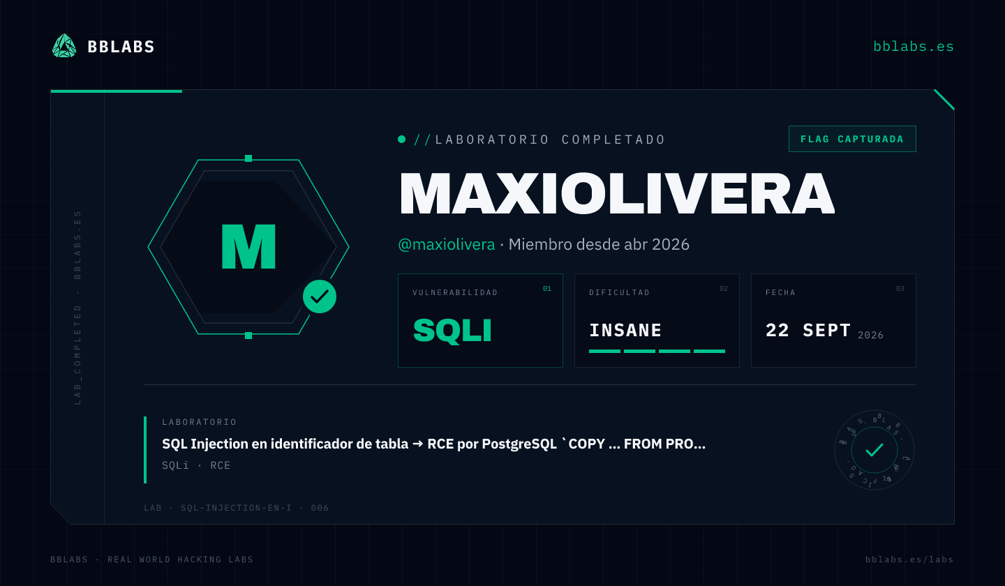 maxiolivera resolvió el laboratorio SQL Injection en identificador de tabla → RCE por PostgreSQL `COPY … FROM PROGRAM` en BBLABS